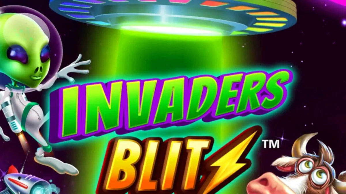 Tampilan visual slot Invaders Blitz dengan tema invasi alien dan sapi luar angkasa yang ikonik.