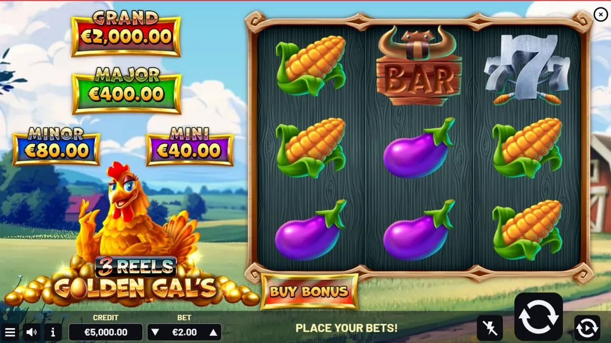 Tampilan visual slot Golden Gal’s 3 Reels dengan tema pertanian yang ceria