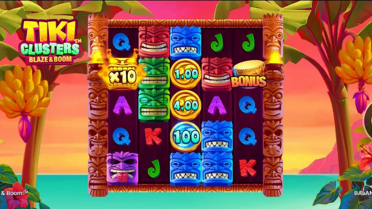 Tiki Clusters Blaze & Boom slot machine gameplay screen